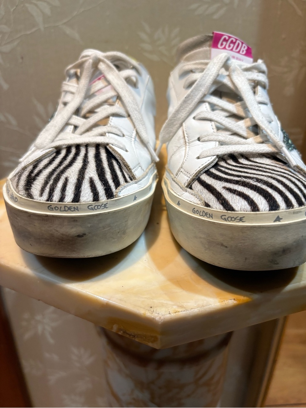 Golden Goose High Star Golden Zebra with Neon Yellow Heel and Black Glitter Star - Picture 3 of 10